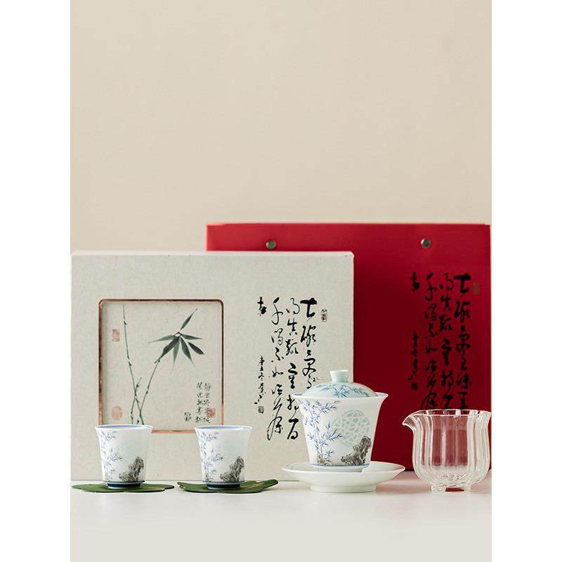 玲珑竹影一碗二杯茶具套装家用中式手绘功夫茶具盖碗茶杯泡茶套装,餐饮具,茶具礼盒,淘宝优惠券,粉丝福利购,淘宝优惠卷
