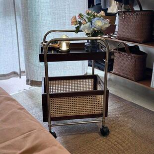 实木可移动边几茶几小桌子客厅边柜中古小推车覆古零食置物架藤编