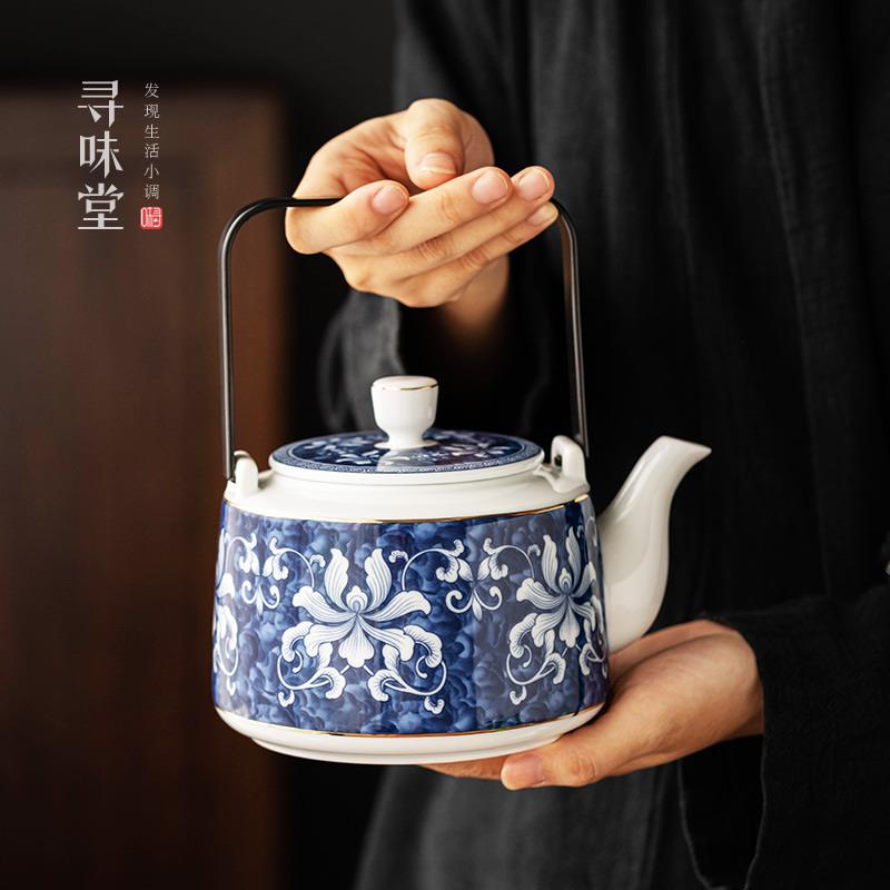 描金青花瓷提梁壶｜高档满彩青花大茶壶釉下彩水壶陶瓷 功夫茶具