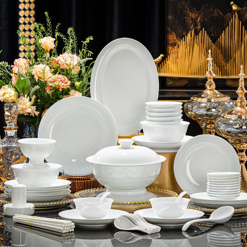 景德镇高温白瓷餐具纯白s釉下彩碗碟套装家用盘子新款陶瓷碗盘乔