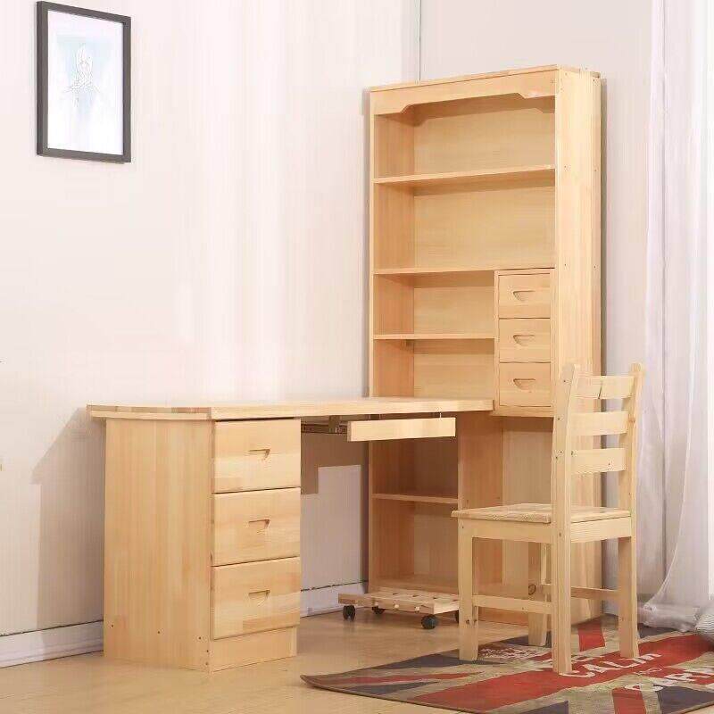 实木书桌书架组合家用带书柜一体现代简约经济型办公桌学生书桌