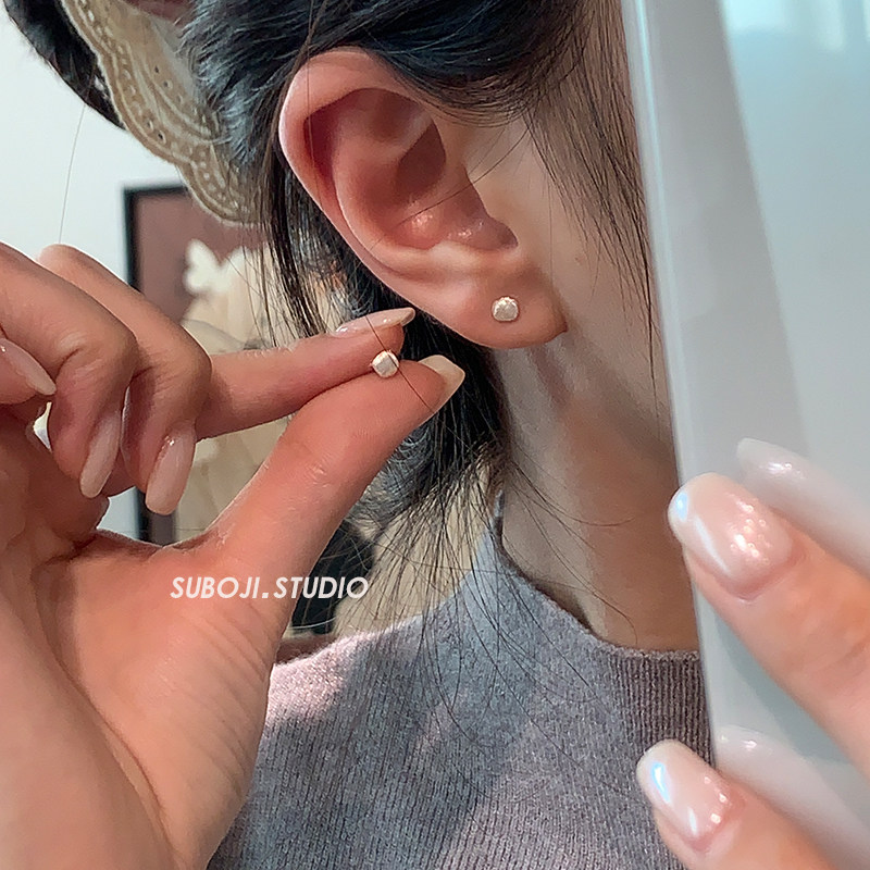 素泊集s999纯银拉丝方形耳钉女小众设计感耳环日常简约耳饰养耳洞