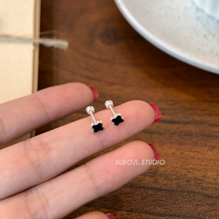 素泊集s999纯银黑色四叶草耳钉女养耳洞耳环小巧精致耳饰睡觉免摘