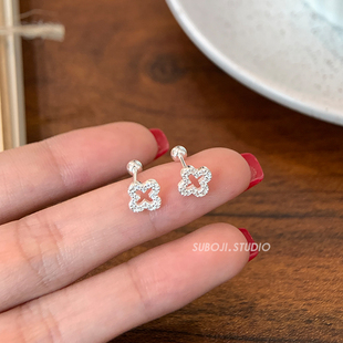 素泊集s999纯银四叶草耳钉女高级感轻奢耳环小众螺丝耳饰睡觉免摘