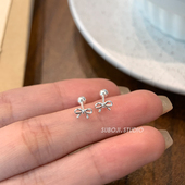 素泊集s999纯银蝴蝶结耳钉女小众耳环高级螺丝迷你耳饰睡觉养耳洞