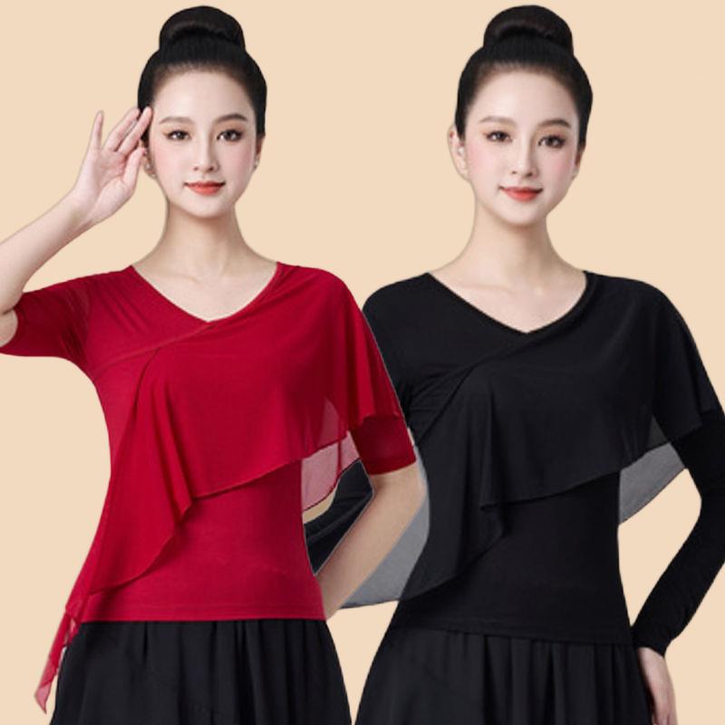 拉丁舞上装新广场舞蹈服FM-0828代莫尔拼纱跳款舞上衣女练功服操