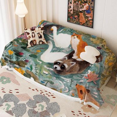 手绘插画猫咪沙发巾围氛置出RZV租发屋防布尘沙发全盖布可爱沙垫