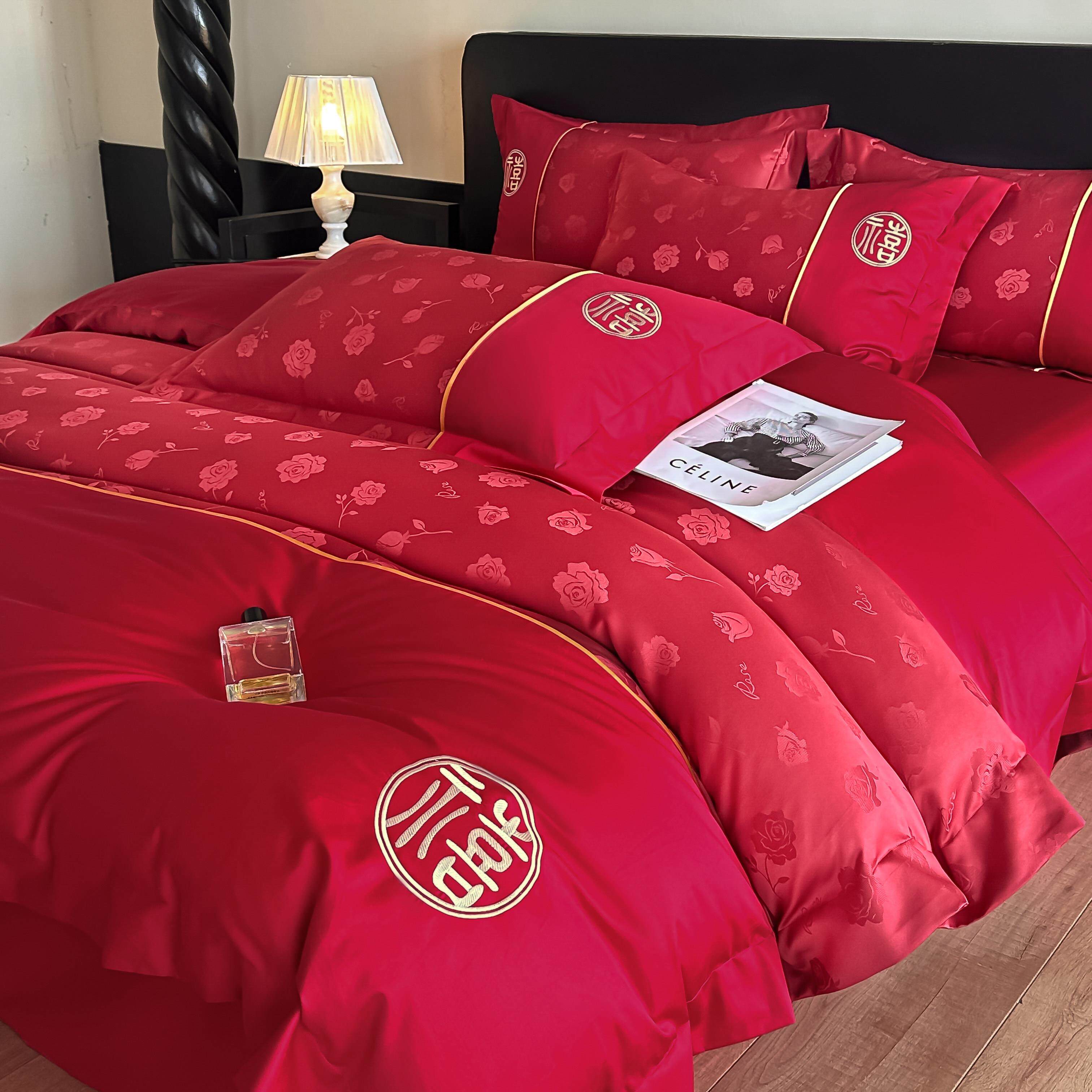 高结1红00支刺绣四件套档色XHT婚庆被婚套床单床笠新婚陪嫁床上用