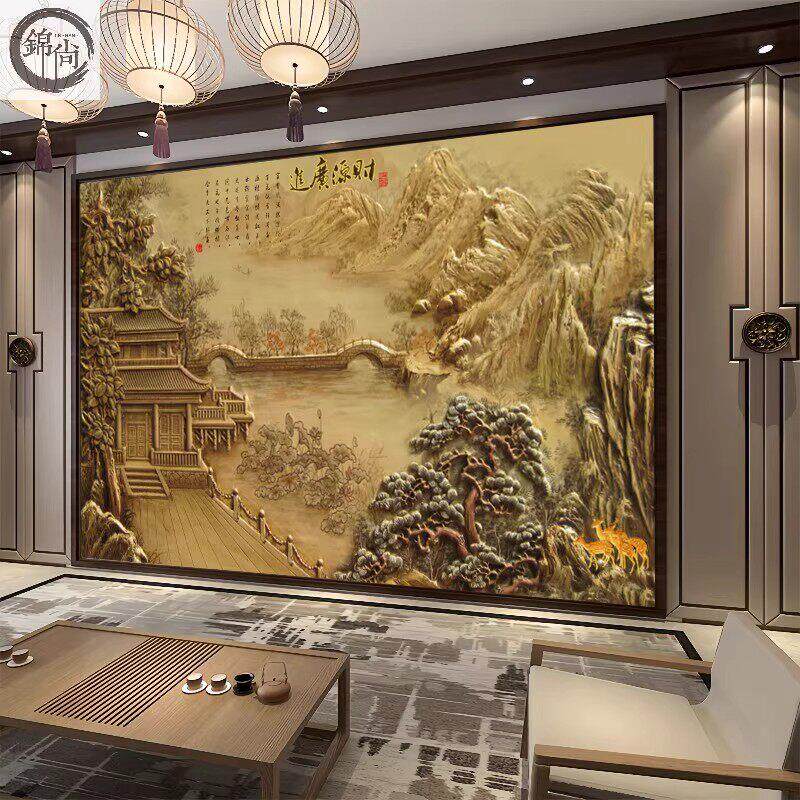 8D雕护板中式山水画集成风浮景集成碳晶板办公客RZA厅电视背景墙