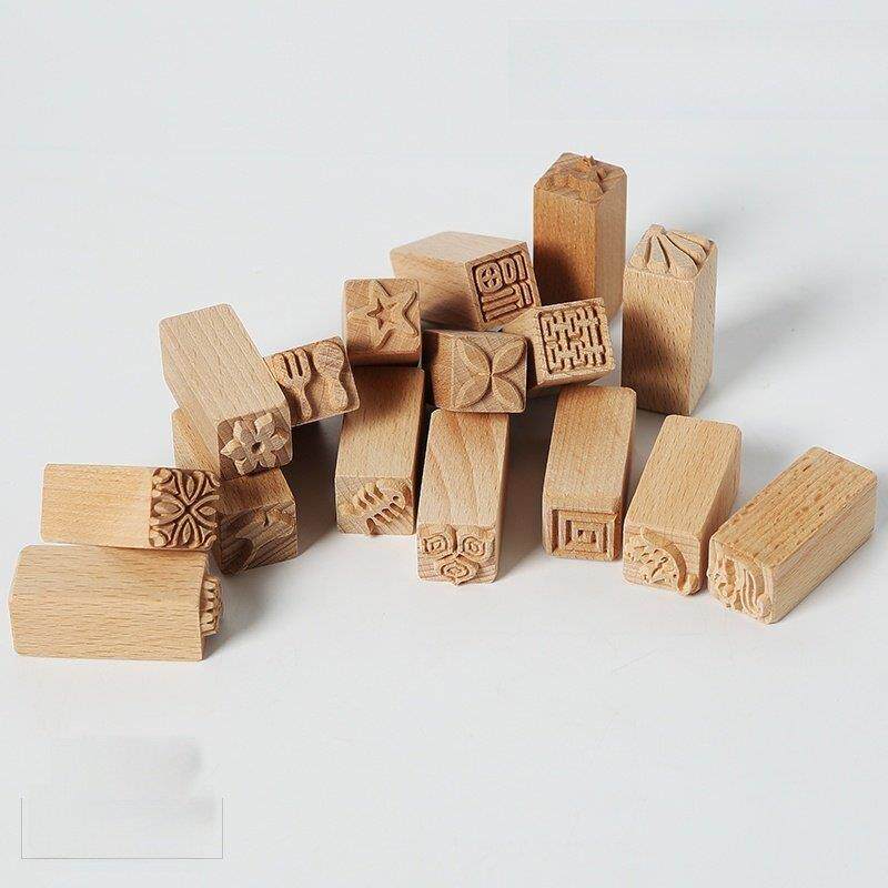 陶艺木质肌理印章 16件套实木卡通印章工具陶泥泥塑月饼章子模子