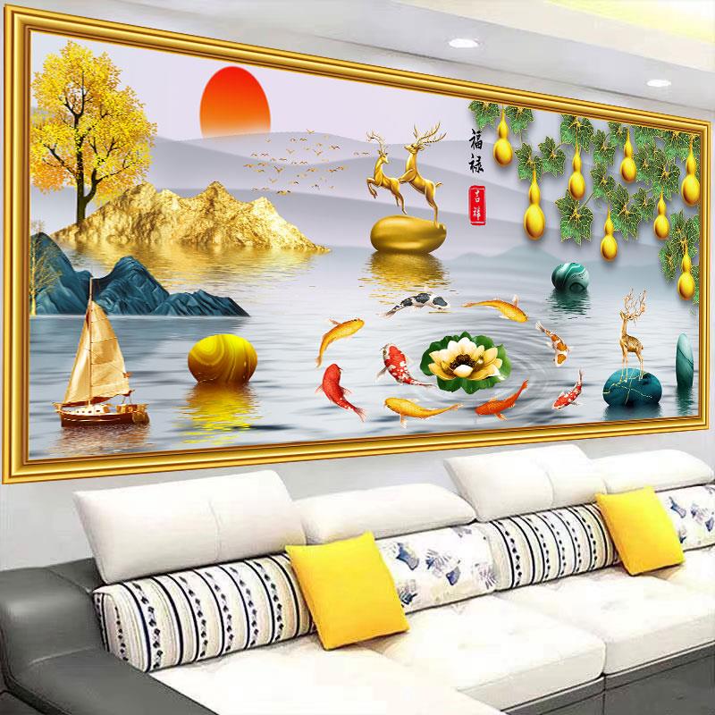 自粘3D立体国画家和万事兴壁画九鱼图客厅装饰画山水画沙发背景墙图片