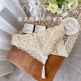 复古茶几电视柜斗柜餐桌布盖布文艺拍摄道具 凤尾钩针棉麻桌旗美式