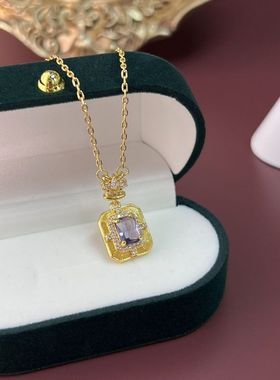 2023年新款香水瓶原创紫黄水晶中古项链镀金拉丝复古锁骨链