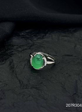 s925纯银玉髓祖母绿戒指女个性开口时尚食指戒复古年轻款百搭指环