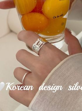 韩版ins风简约设计银饰品 S925纯银光面宽版交叉戒指叠戴开口女款