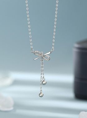 S999足银淡雅蝴蝶结流苏项链女甜美森系气质高级感小众锁骨链