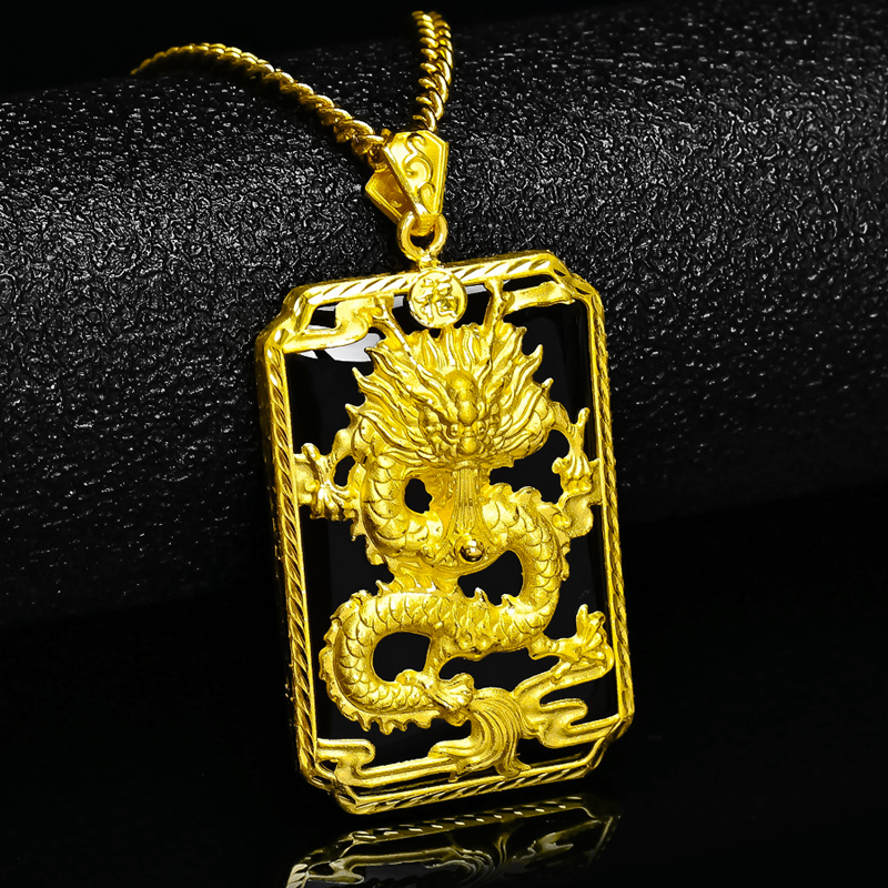 黄金吊坠男龙牌足金999和田玉玉牌项链生肖吉祥盘龙金镶玉挂坠