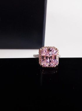 ins高级感戒指方形粉钻s925纯银