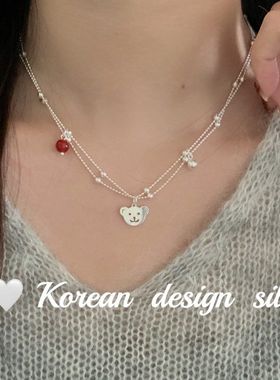 韩版ins风小众设计银饰品 S925纯银小熊红玛瑙双层项链叠戴高级感