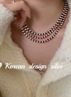 韩国小众设计手工饰品 S925纯银整圈琥珀黑玛瑙车花珠项链叠戴锁
