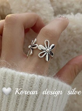 韩国复古做旧泰银指环 S925纯银太阳花戒指女 小众设计开口宽版