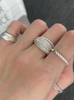 S925纯银实心多层细闪银线戒指小众设计重工款银开口戒时髦气质女