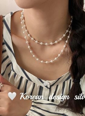 韩国小众设计饰品 S925纯银贝珠光珠项链 高级ins风叠戴锁骨链女