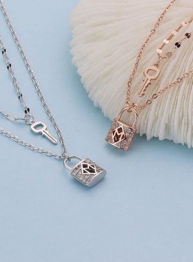 s925纯银项链女百搭韩版小众锁芯钥匙双层轻奢吊坠气质新款锁骨链