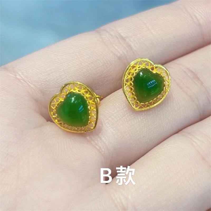 金镶玉耳钉女款999足金椭圆形爱心水滴形耳饰和田玉碧玉黄金耳环
