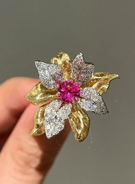 XBK刚玉红戒指高级指环镶花朵满
