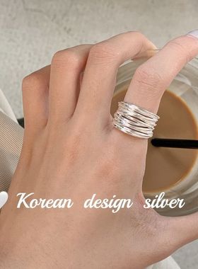 韩国东大门重工饰品  通体S925纯银多层宽版线条戒指小众高级感女
