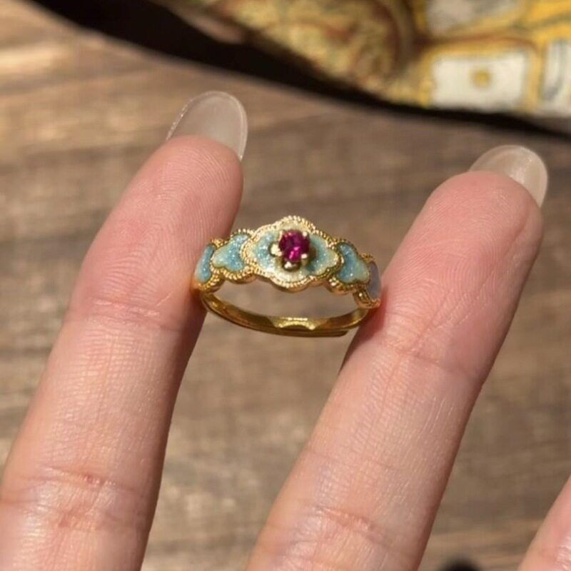 XBK宫廷风釉戒新中式食指优雅红宝石Vintag复古蓝花珐琅高贵戒指