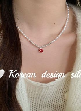 韩版日系手工设计饰品 S925纯银红色滴釉爱心扁珠珠天然珍珠项链