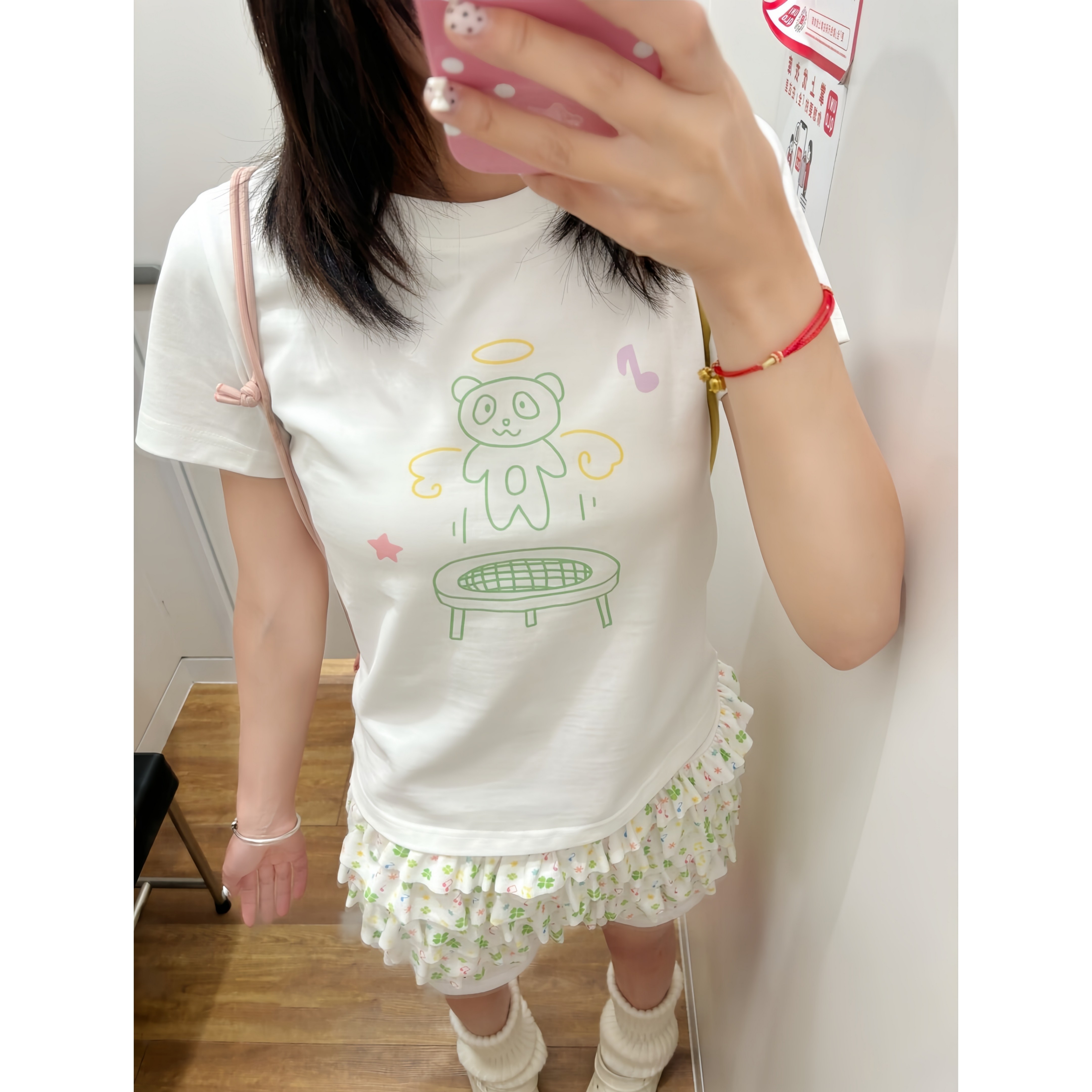 日系萌趣风 小熊蹦床手绘印花正肩短袖t恤可爱减龄短款女萌宅上衣