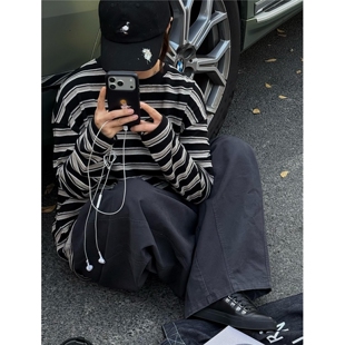 顽季果 韩国ins风~简约慵懒复古男友风条纹长袖T恤宽松圆领女上衣