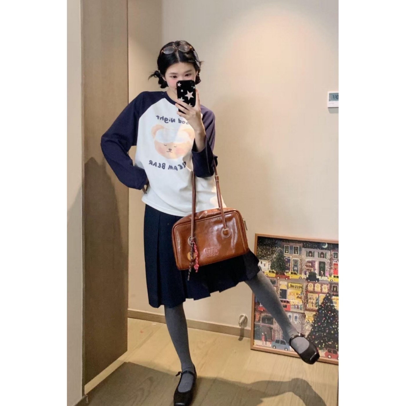 顽季果 奶油风可爱萌趣~晚安奶熊印花宽松圆领插肩长袖T恤女上衣