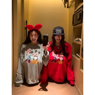 超韩系姐妹闺蜜装慵懒风米奇印花趣味休闲宽松套头卫衣女上衣秋冬