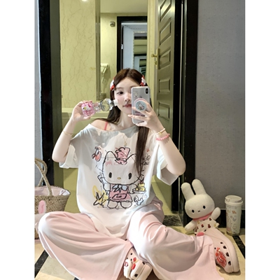 韩系chickitty猫印花斜肩T恤女
