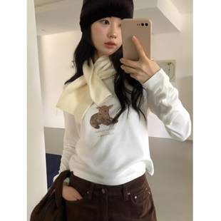 长袖 顽季 巨可爱减龄小鹿印花正肩修身 韩系ins甜美风 圆领女T恤 果
