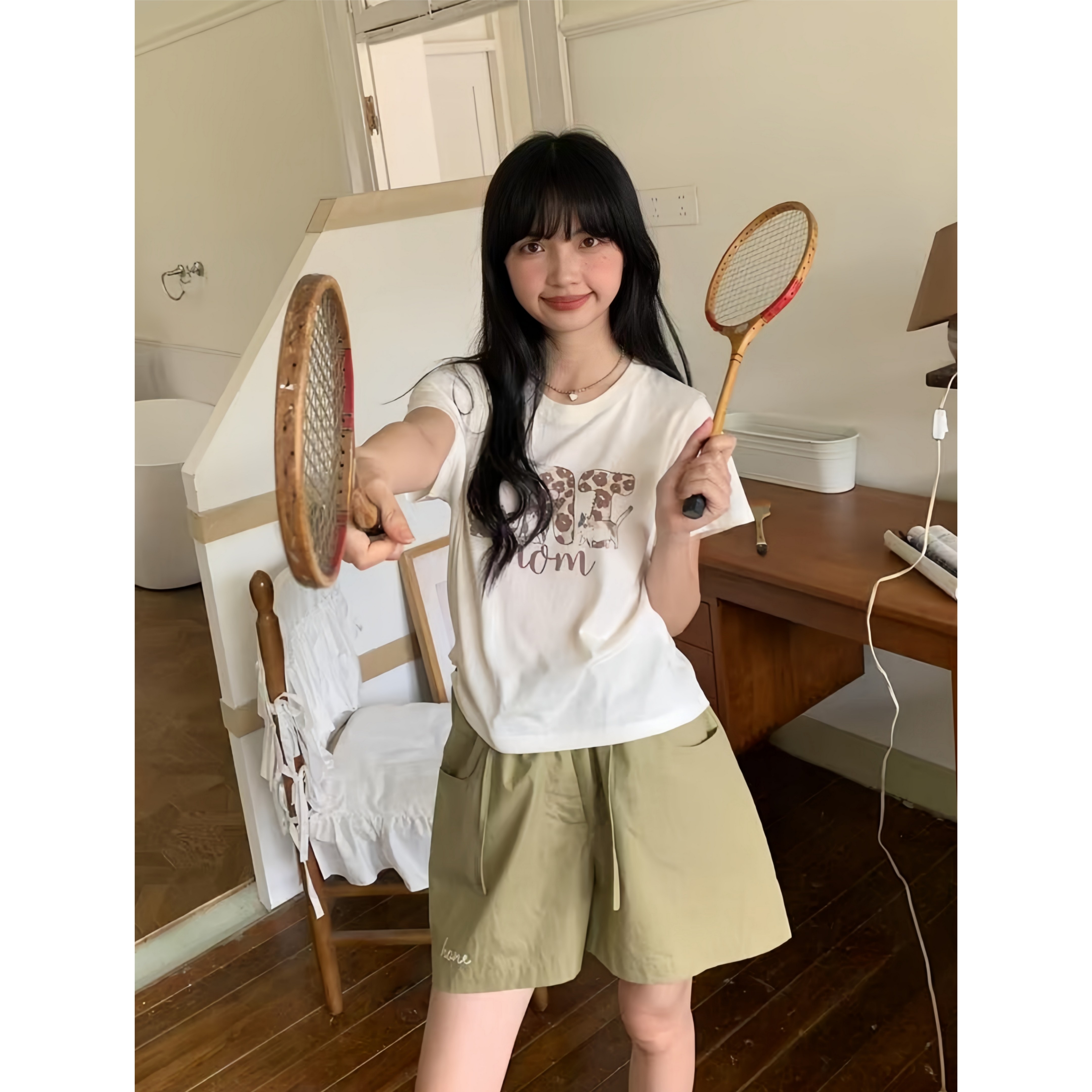 韩系chic豹纹猫咪字母印花正肩短袖t袖宽松圆领甜美ins短款女上衣