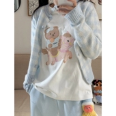 超可爱奶油风 手绘新年奶熊小马印花宽松圆领减龄长袖 T恤女上衣秋