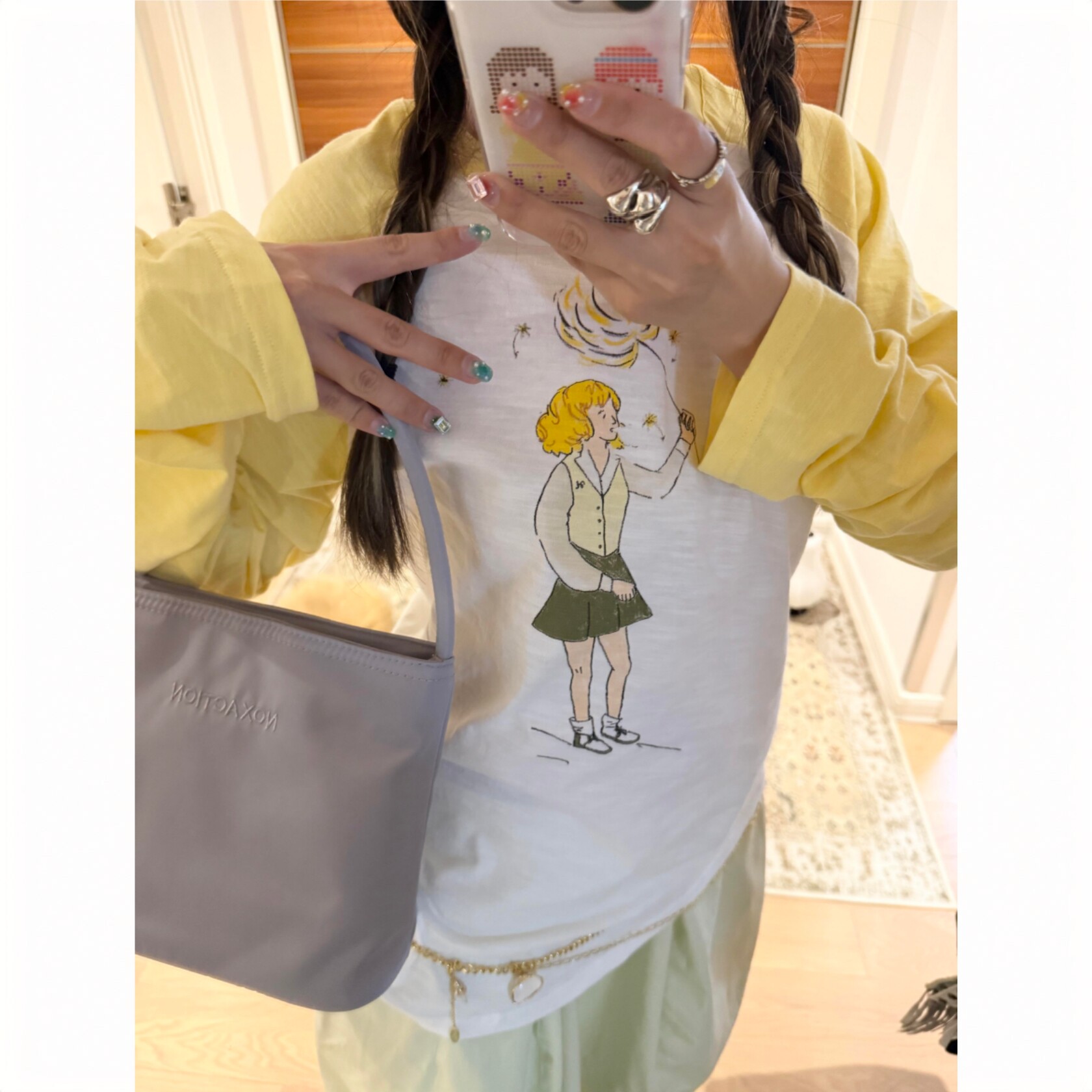 夏日元气感~蒲公英人物印花竹节棉插肩淡黄色轻薄长袖T恤女上衣夏