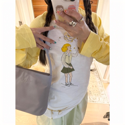 夏日蒲公英印花竹节棉长袖T恤女