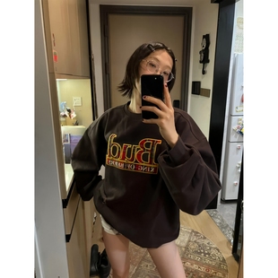 顽季果 美式复古风~啤酒之王 贴布绣宽松圆领加绒男女款上衣秋冬