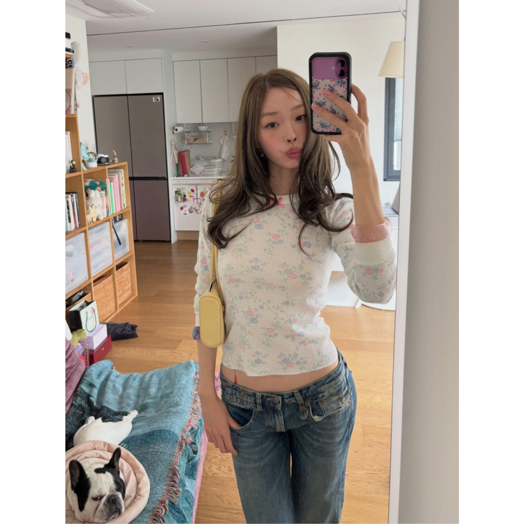 顽季果 柔雾感穿搭~韩系清新碎花印花华夫格修身圆领长袖女T恤秋