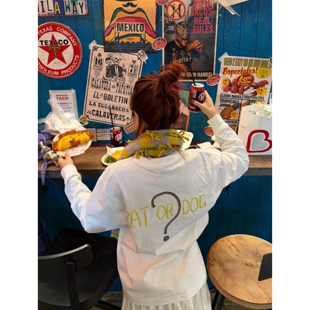 萌宠标语字母撞色印花宽松休闲圆领女长袖 韩国ins T恤上衣 果 顽季