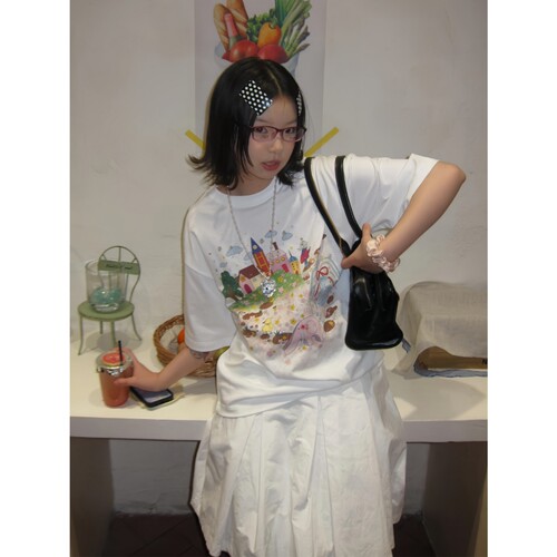 韩系chic印花宽松休闲圆领T恤女
