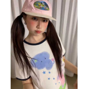 可爱动物园印花撞色领口宽松短袖 Y2K甜酷软妹风 T恤女上衣 果 顽季