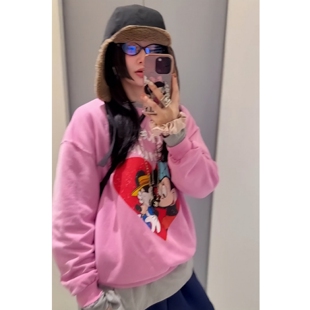 韩国ins风 童趣米奇爱心做旧印花宽松圆领加绒卫衣甜美可爱女上衣