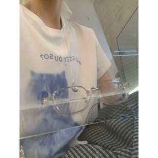 韩国ins风 女上衣 像素猫咪印花宽松正肩短袖 t恤百搭圆领简约短款